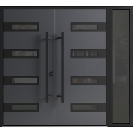 Vdomdoors Front Exterior Prehung Aluminum Double Doors Ronex0131 Grey 1 Sidelight Mirrored Clear Glass 1 RONEX0131DEXD-GRE-W72+14xH96-LH-O