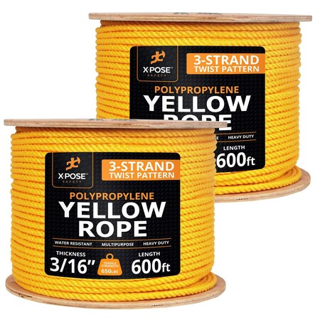 Xpose Safety 5/16in x 600 ft Twisted Polypropylene Rope, Yellow, 2PK YPR516-600-2-X