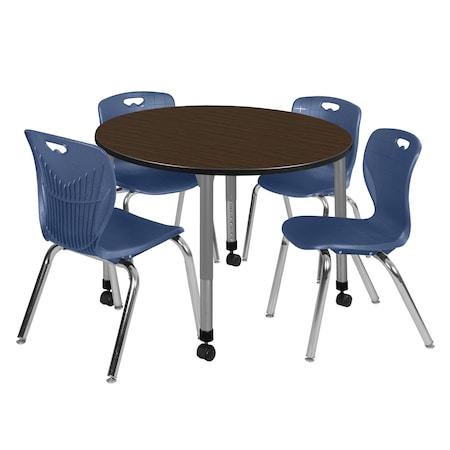 Regency Round Kee Mobile Adjustable Classroom Table W/ 4 Andy Chairs, 48 in W, 48 in L, Neo Walnut TB48RNDNWAPCGY40NV