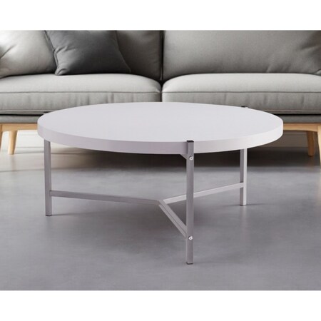 Homeroots 37" White And Silver Wood And Stainless Steel Round Coffee Table 529101