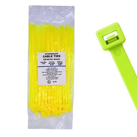 Cable Ties Unlimited Cable Tie, 8 in L, 40 lb Strength, 2.2 in Max Bundle Dia, Nylon 6/6, Fluorescent Green 100PK C8-40-Flo Green