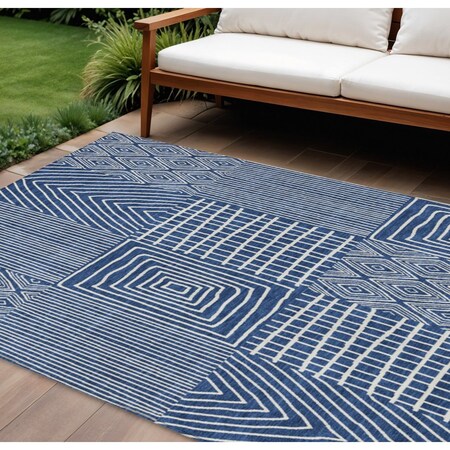 Homeroots 10' X 14' Navy Blue And Ivory Geometric Washable Indoor Outdoor Area Rug 596955