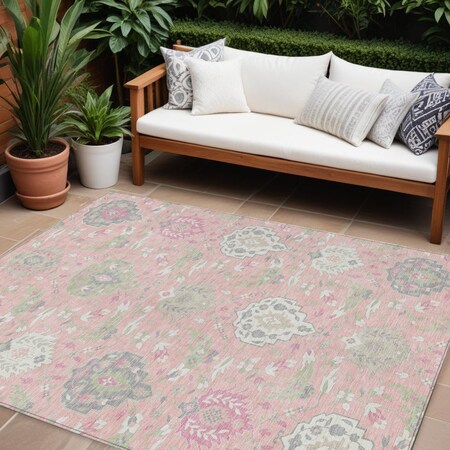 Homeroots 9' X 12' Pink Ivory And Gray Damask Washable Indoor Outdoor Area Rug 599446