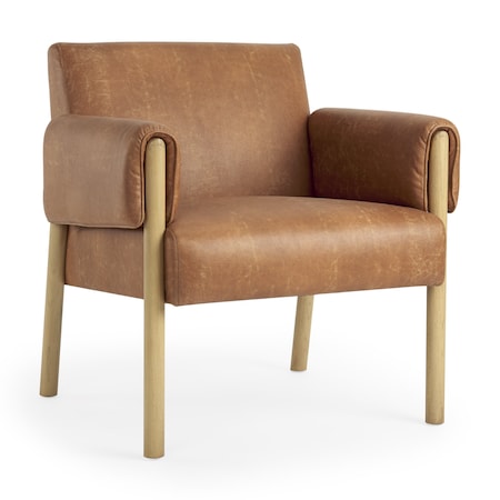 Homeroots 30" Brown and Natural Faux Leather and Solid Wood Arm Chair 606018