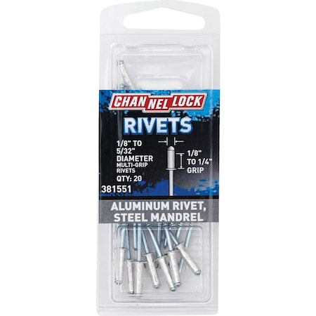 Channellock 1/8'' to 5/32''Dia.x0.151'' to 0.315'' Grip Aluminum Multigrip POP Rivet, 20PK 381551