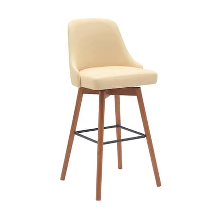 Homeroots 30" Cream and Wood Brown Faux Leather with Solid Wood Swivel Bar Height Bar Chair 534484
