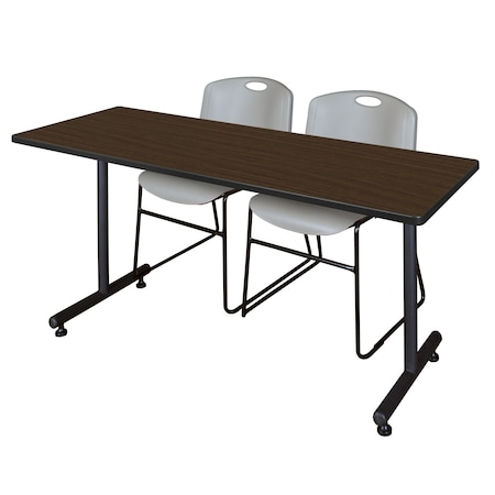 Regency Kobe T-Base Training Seminar Table W/ 2 Zeng Stack Chairs, 60 in W, 30 in L, Neo Walnut MKTRCT6030NW44GY