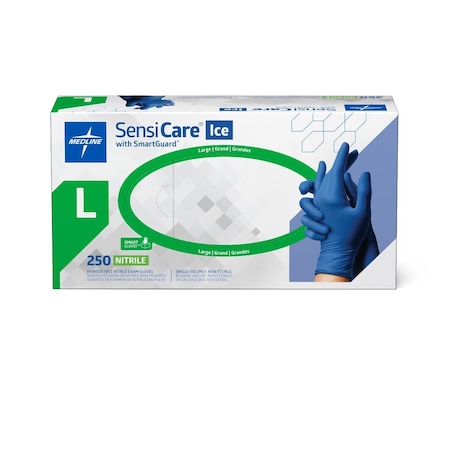 Medline SensiCare Ice Powder-Free Nitrile Exam Gloves with SmartGuard Film, Size L, 250PK MDS6803H