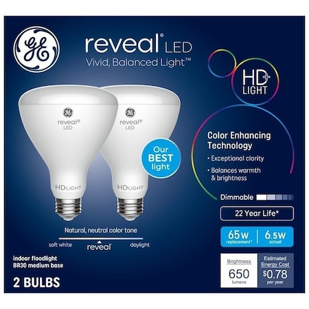 Ge LED Bulb, BR30 Lamp, 65 W Equivalent, Dimmable, Soft White, 2PK 93132027