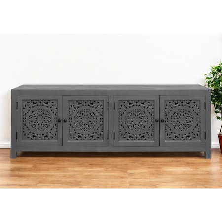 Homeroots 86" Dark Gray Carved Floral Distressed Solid Wood Enclosed Storage TV Stand 558159