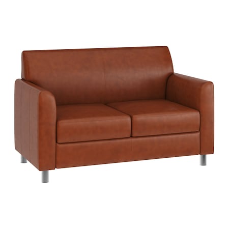 Flash Furniture HERCULES Diplomat Cognac LeatherSoft Loveseat with Clean Line-Stitched Frame and Chrome Legs BT-827-2-CG-CHR-GG