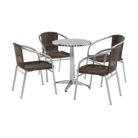Flash Furniture Round Table Set, 23.5 W, 23.5 L, 27.5 H, Aluminum, Plastic, Rattan, Stainless Steel, Grey TLH-ALUM-24RD-020CHR4-GG