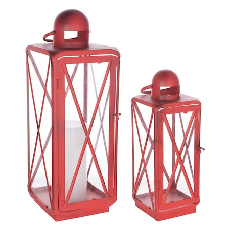 Homeroots Set of Two Red Geometric Metal Centerpiece Lantern Candle Holders, 2PK 634858