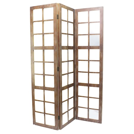 Homeroots 84" Brown Glass Folding Three Panel Screen Room Divider 277090