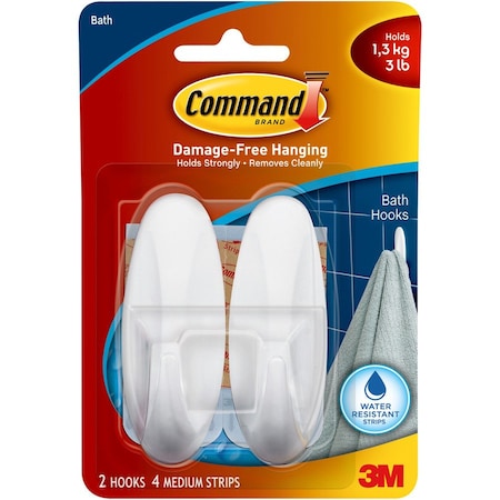 Command Designer Hook, 58 in Opening, 3 lb, 2Hook, Plastic, White 17081B
