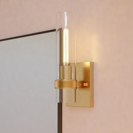 Vaxcel Bari 1 Light Satin Brass Contemporary Wall Sconce with Clear Cylinder Glass W0426