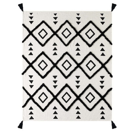 Homeroots 60" X 50" Black and White Woven Cotton Geometric Throw Blanket with Tassels 516491