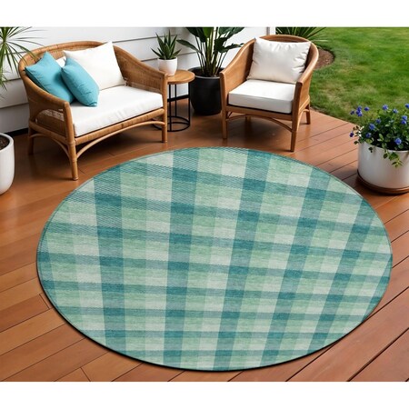 Homeroots 8' Blue And Green Round Plaid Washable Indoor Outdoor Area Rug 601436