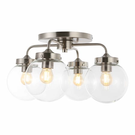 Jonathan Y Piper 18" 4-Light Farmhouse Rustic Iron/Glass LED Semi Flush Mount, Nickel/Clear JYL7569B