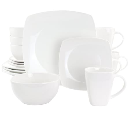 Gibson Elite Soho Lounge 16 Piece Square Fine Ceramic Dinnerware Set in White 750116850M