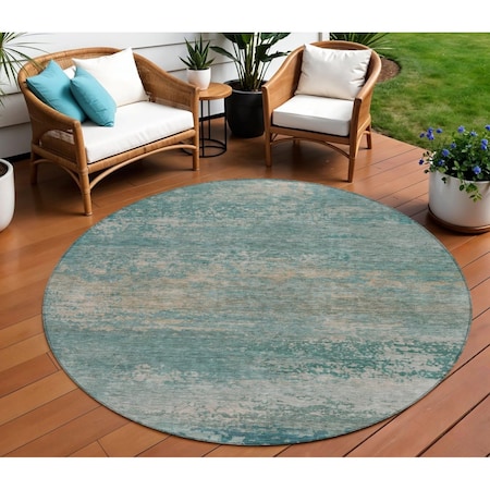Homeroots 8' Aqua And Beige Round Abstract Washable Indoor Outdoor Area Rug 630821