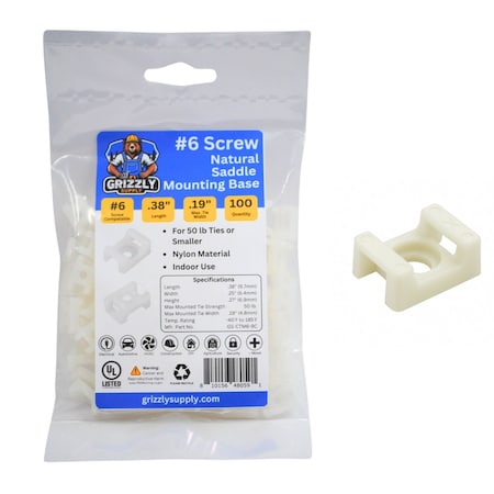 Grizzly Supply Cable Tie Saddle Mount, Mounting Base, No. 6 Screw, Nylon 6/6, Natural, 100PK GS-CTM6-9C