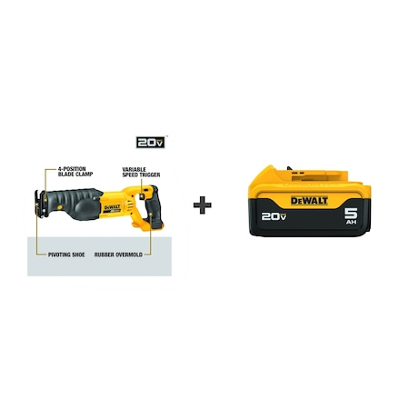Dewalt Cordless Recip Saw, 3000 SPM, 20VDC DCS380B/DCB205