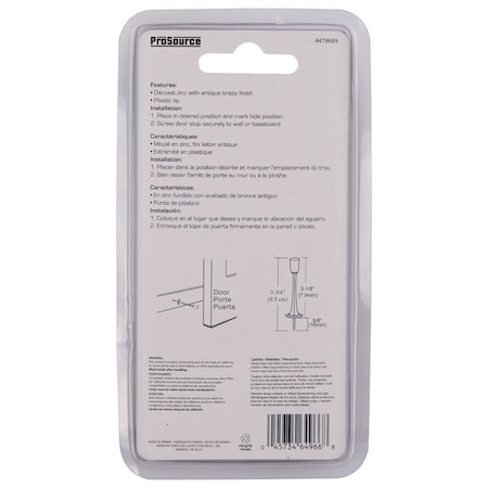 Prosource Heavy-Duty Rigid Door Stop, 15/16 in Dia Base, 3-1/8 in Projection, Die-Cast Zinc & Plastic H20-Z023C-PS