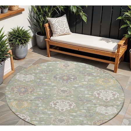 Homeroots 8' Artichoke Green Brown And Ivory Round Damask Washable Indoor Outdoor Area Rug 599390