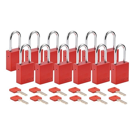 Brady Padlock, Keyed Different, Aluminum, Red, 1 1/2 in Shackle Height, 1 1/2 in Body Width, 12 PK SDAL-RED-38ST-KD12