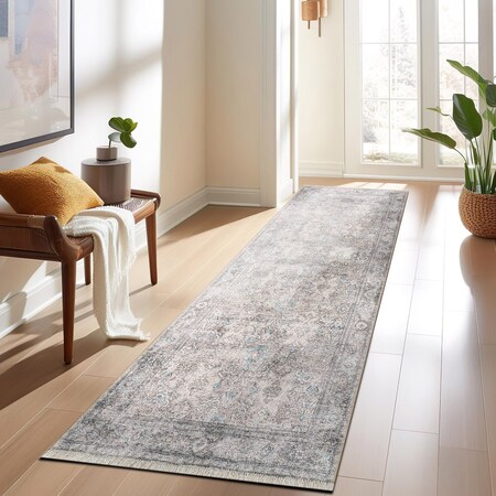World Rug Gallery Transitional Distressed Vintage Machine Washable Runner Rug 2 ft 6 in x 10 ft Olive 6036OLIVE2X10