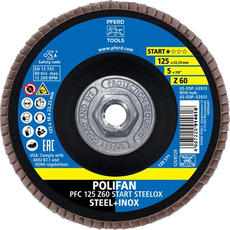Pferd 5'' Flap Disc, 5/8''-11 Thread, 60 Grit, Z START STEELOX, Type 29, Conical, Zirconia 63925