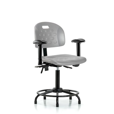 Blue Ridge Ergonomics Poly Chair with Round Tube Base-Medium Bench Height with Adj Arms&Stationary Glides in Gray Poly HPMBCH-RT-T0-A1-RG-GRY
