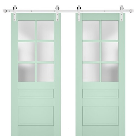 Sartodoors Sturdy Double Barn Door with Frosted Glass 60x96 (2* 30x96) Solid Core Modern Interior VEREGIO7339DB-S-OLI-60 x 96 (2* 30x96)-Silver Rail