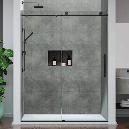Anzzi 60in Reversible Frameless Sliding Deco-Glass Shower Door w/ Soft-Close System Matte Black Finish SD-AZ20-02MB