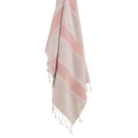 Homeroots 50" X 60" Beige And Pink Cotton Woven Striped Throw Blanket with Fringe 518820