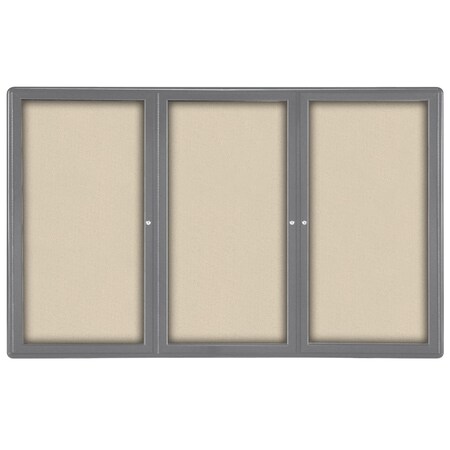 Ghent Ovation 3 Door Enclosed Fabric Bulletin Board, Gray Frame, 4'H x 6'W, Beige OVG5-F90