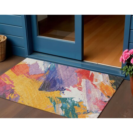Homeroots 3' X 5' Gold Purple And Teal Blue Abstract Washable Indoor Outdoor Area Rug 611216