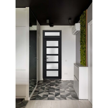 Vdomdoors Front Exterior Prehung FiberGlass Door Frosted Glass / Manux 8002 Matte Black / Transom Window / Of MANUX8002EXD-BLK-W36 x H80+14-LH