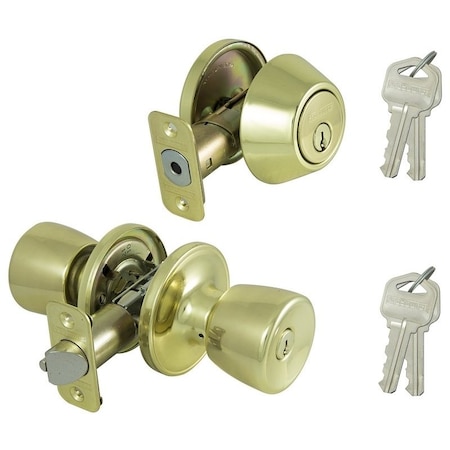 Prosource Deadbolt and Entry Lockset, Turnbutton Lock, Tulip Design, Polished Brass, 3 Grade, Brass BS721BRA4F