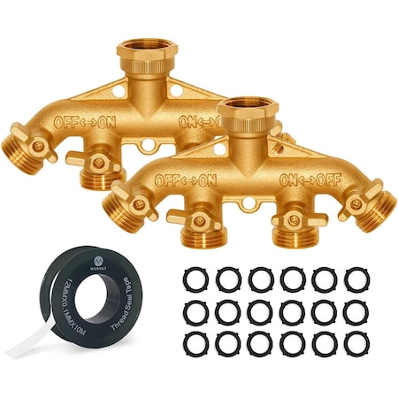 Morvat Heavy Duty Hexagonal Brass 4 Way Garden Hose Y Splitter, 2PK MOR-BCONNECTOR-4-2-PACK-A