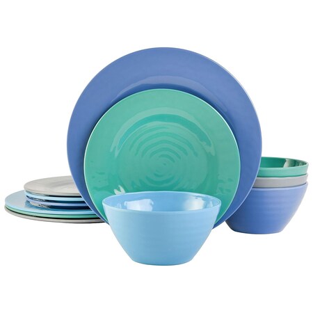 Gibson Home Brela 12 Piece Round Melamine Dinnerware Set in Assorted Blue 118528.12RM