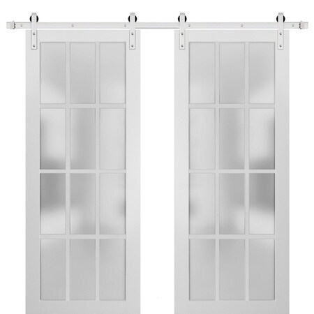 Sartodoors Sturdy Double Barn Door with Frosted Glass 12 Lites, Felicia 3312 Matte White, 13FT Rail Hangers H FELICIA3312DB-S-BEM-36 x 84(2*18x84)-Frosted Glass