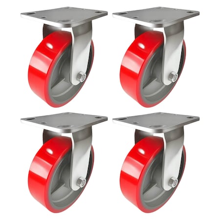 Hyw Products Heavy Duty Caster Set 6in Red Polyurethane on Cast Iron Wheels, 4 Rigid, 4PK 40-60R-A1-PC-4 (R)