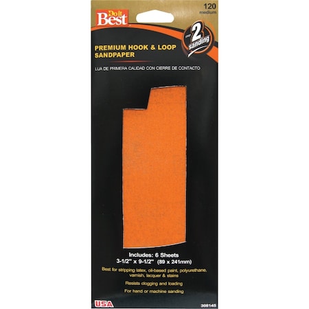 Do It Best 3-1/2'' x 9-1/2'' 120G Premium Hook And Loop Sandpaper, 6 Count 7245004