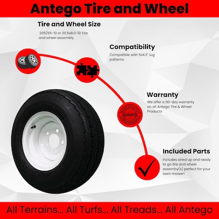 Antego Set of 2 205/65-10 20.5x8.0-10 10 ply Load Range E Trailer Tire Wheel - 5 Lug White Rim, 2PK A1060037011581020580010