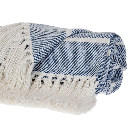 Homeroots Blue Woven Cotton Striped Throw Blanket 478681