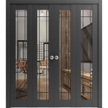 Sartodoors Sliding Closet Double Bi-fold Doors, Lucia 2266 Matte Black with Clear Glass and Aluminum Strips, LUCIA2266DBF-BLK-72 x 84 (4* 18x84)