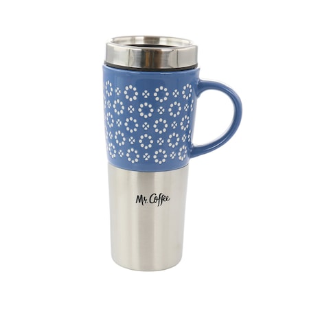 Mr. Coffee Travertine 16 Ounce Stoneware and Stainless Steel Travel Mug With Lid in Blue 138970.01