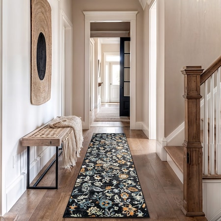World Rug Gallery Vine Floral Runner Rug 2 ft 3 in x 12 ft Black WR145BLACK27X12